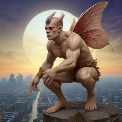 A cyclops fairy in Mythological style with City background