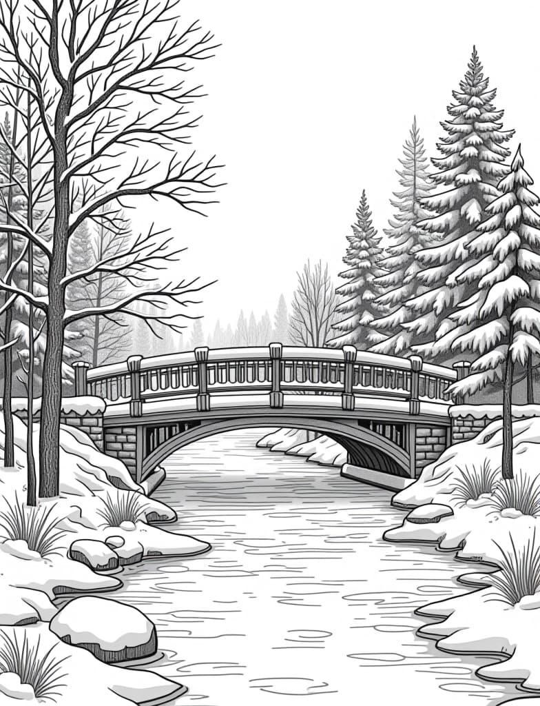  this is for an adult coloring page. a detailed black and white line art of a snowy winter scene with a snow covered bridge over a frozen river on a solid white background.