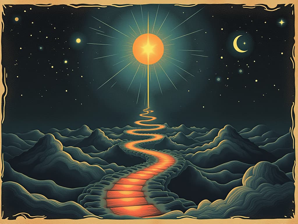  cosmic pathways diverging, glowing trails through a starlit void, dreamy and surreal, guiding lights illuminating dark expanse, ethereal, mysterious. an illustration in the style of a worn, mystical old tarot trump card, mysterious and elements of surrealism. the colors are muted, somber and eerie, but with contrast bring out an occult and esoteric vibe.