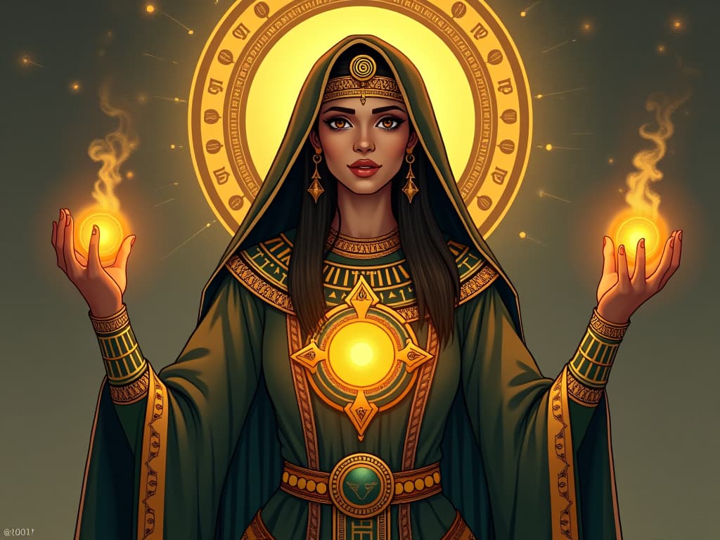  a priestess in ornate robes, her face illuminated by divine light, celestial symbols floating around her, historical impact. the style is digital art illustration / modern comic book / mysterious occult, symbolic, esoteric vibe,high detail on character design, incorporating ancient egyptian symbology and attire.