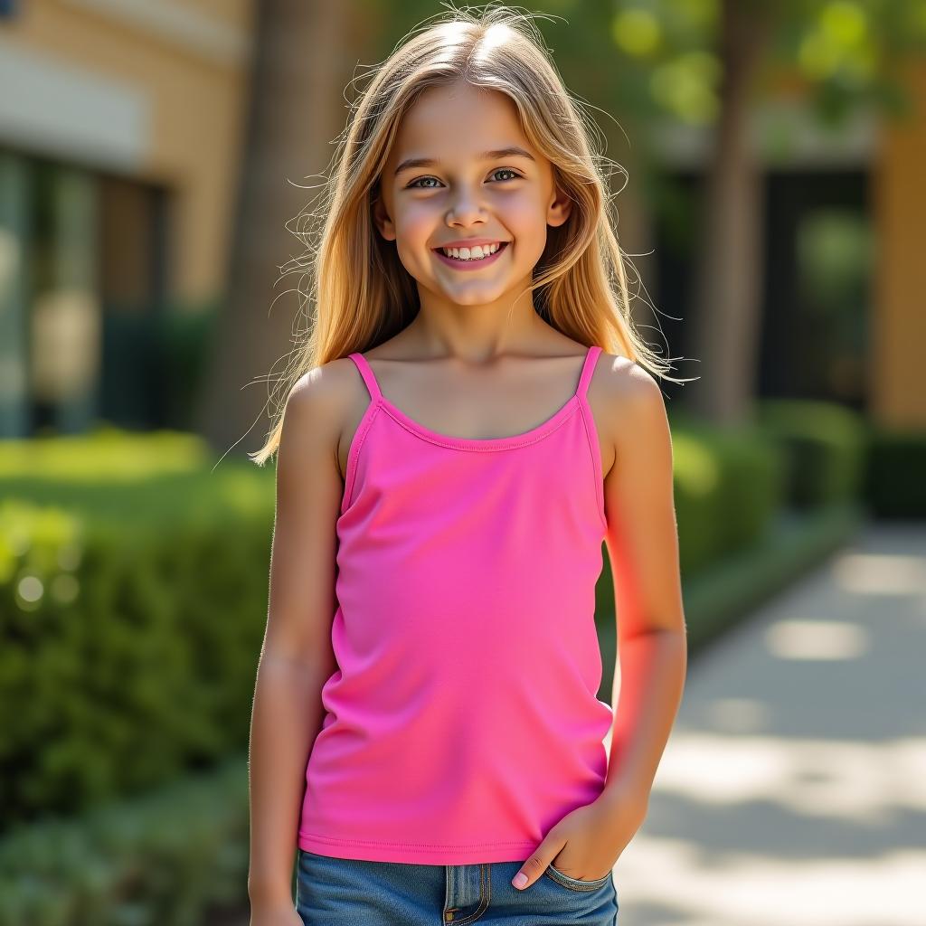  create a high resolution, full body image of a girl wearing a lightweight, smooth finish, cotton tank top with a scoop neck, curved hem, regular fit, spaghetti straps, and anti odor features. the tank top should be printed with a design in a vibrant pink color (rgb(252, 109, 142)). include a tagless brand and depict the girl in a casual scene, standing with a relaxed posture and a cheerful expression.