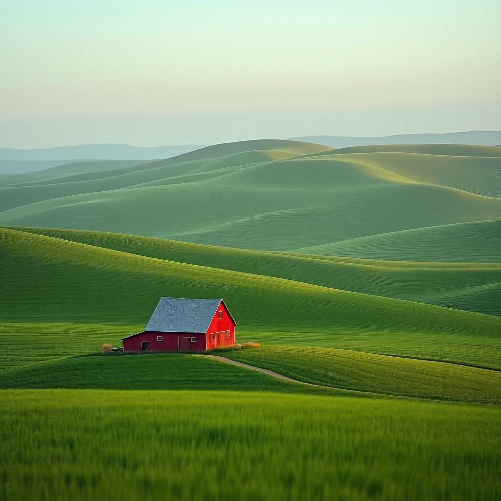  red barn on rolling green hills landscape photography