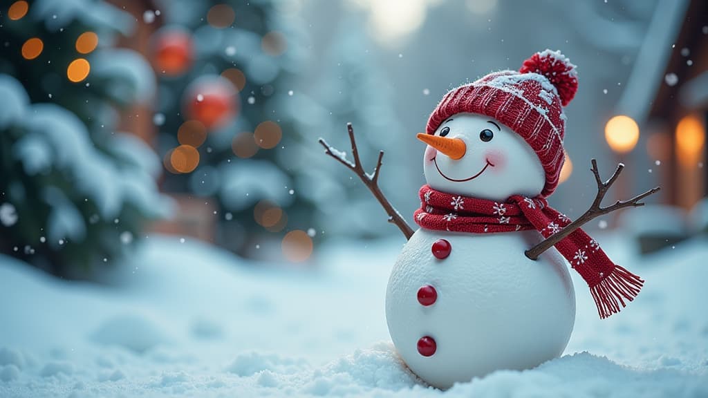  winter holiday christmas background banner closeup of cute funny laughing snowman with wool hat and scarf, on snowy snow snowscape with bokeh lights ar 16:9 {prompt}, maximum details