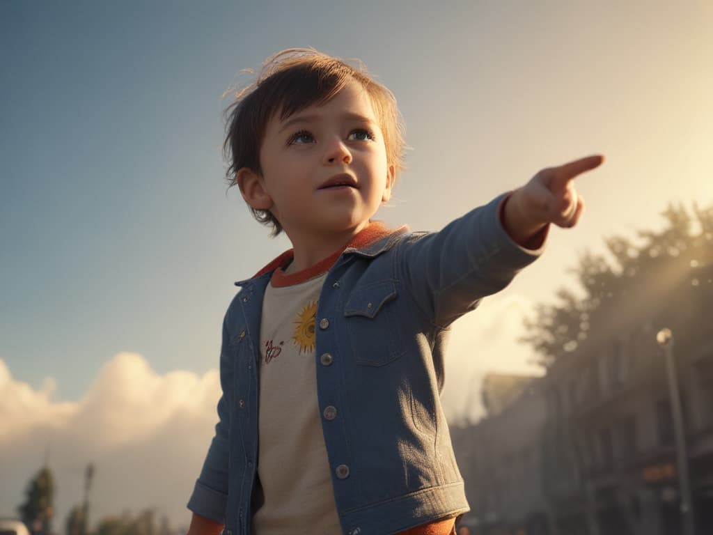 ultra realistic ((ultra realistic ((a child pointing to a sunny sky saying 'what a beautiful day!')))) hyperrealistic, full body, detailed clothing, highly detailed, cinematic lighting, stunningly beautiful, intricate, sharp focus, f/1. 8, 85mm, (centered image composition), (professionally color graded), ((bright soft diffused light)), volumetric fog, trending on instagram, trending on tumblr, HDR 4K, 8K