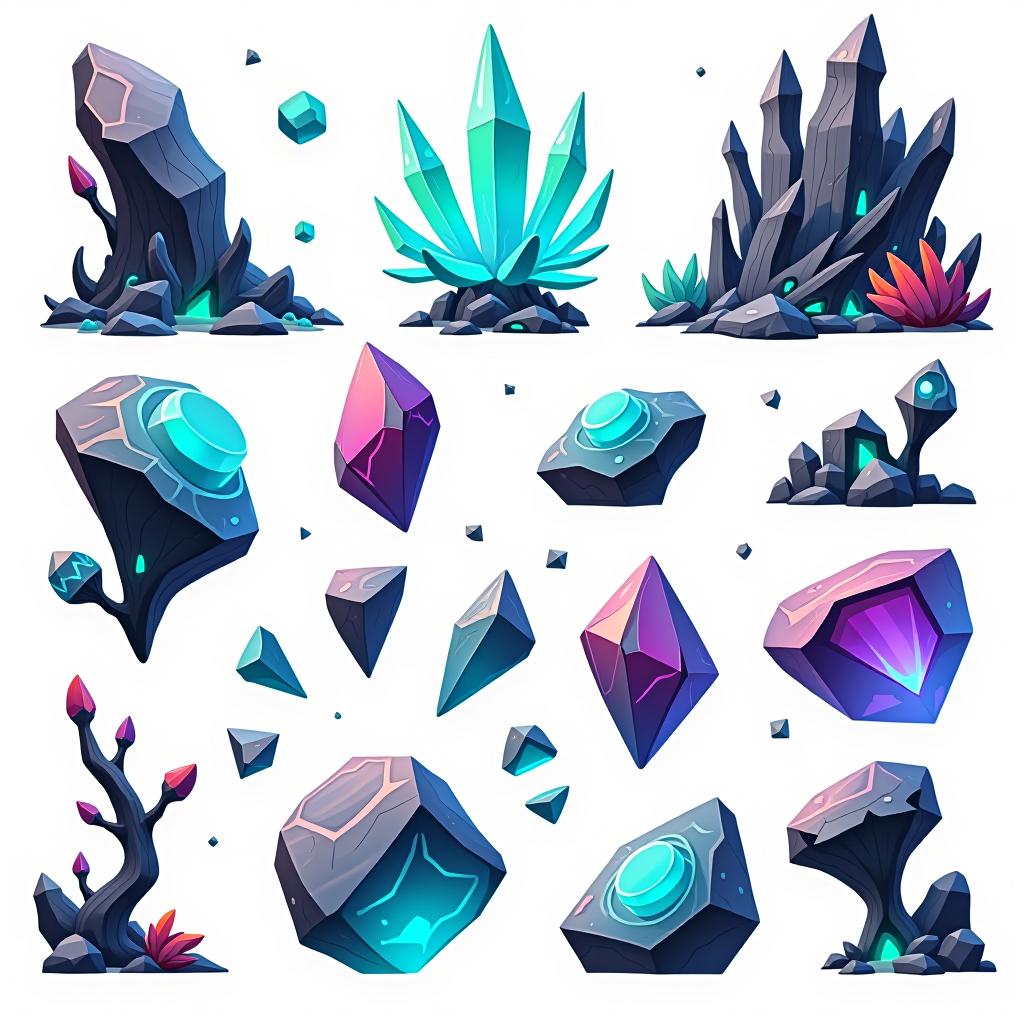  white background. a collection of assets and materials derived from a hyper realistic alien planet, featuring bioluminescent crystals, glowing organic matter, and fragments of unique architectural structures. each asset should reflect the same fantasy elements as the planet, with floating pieces, glowing edges, and a consistent color palette. include items like glowing rocks, mysterious plant life, and fragments of the planet's structures, all in a cartoon and disney style.