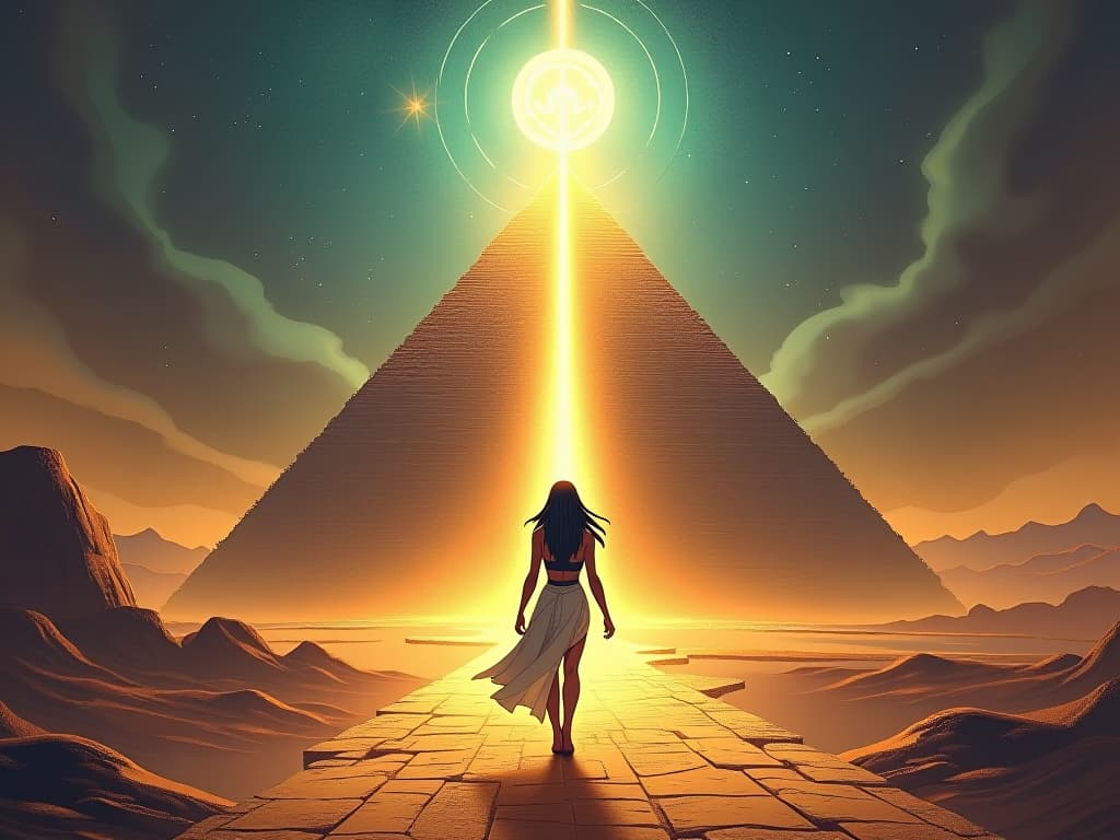  a radiant path of light, leading towards a glowing pyramid, celestial symbols floating in the air, guiding light, large busted priestess in a tight dress with a hopeful look. the style is digital art illustration / modern comic book / mysterious occult, symbolic, esoteric vibe,high detail on character design, incorporating ancient egyptian symbology and attire.