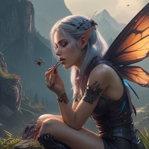 A fairy eating bugs in Cyberpunk style with Mountains background