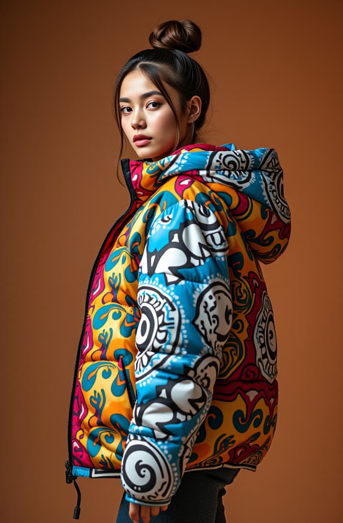  a woman in a colorful jacket posing for a picture, model wears a puffer jacket, stuffed dragon, inspired by elina karimova, images on the sales website, tribal yurta, made in 2019, biomorphic, with an explosion on the back, white jacket, supreme, illustrative style, 90s, shanina shaik as medusa. hyperrealistic, full body, detailed clothing, highly detailed, cinematic lighting, stunningly beautiful, intricate, sharp focus, f/1. 8, 85mm, (centered image composition), (professionally color graded), ((bright soft diffused light)), volumetric fog, trending on instagram, trending on tumblr, HDR 4K, 8K