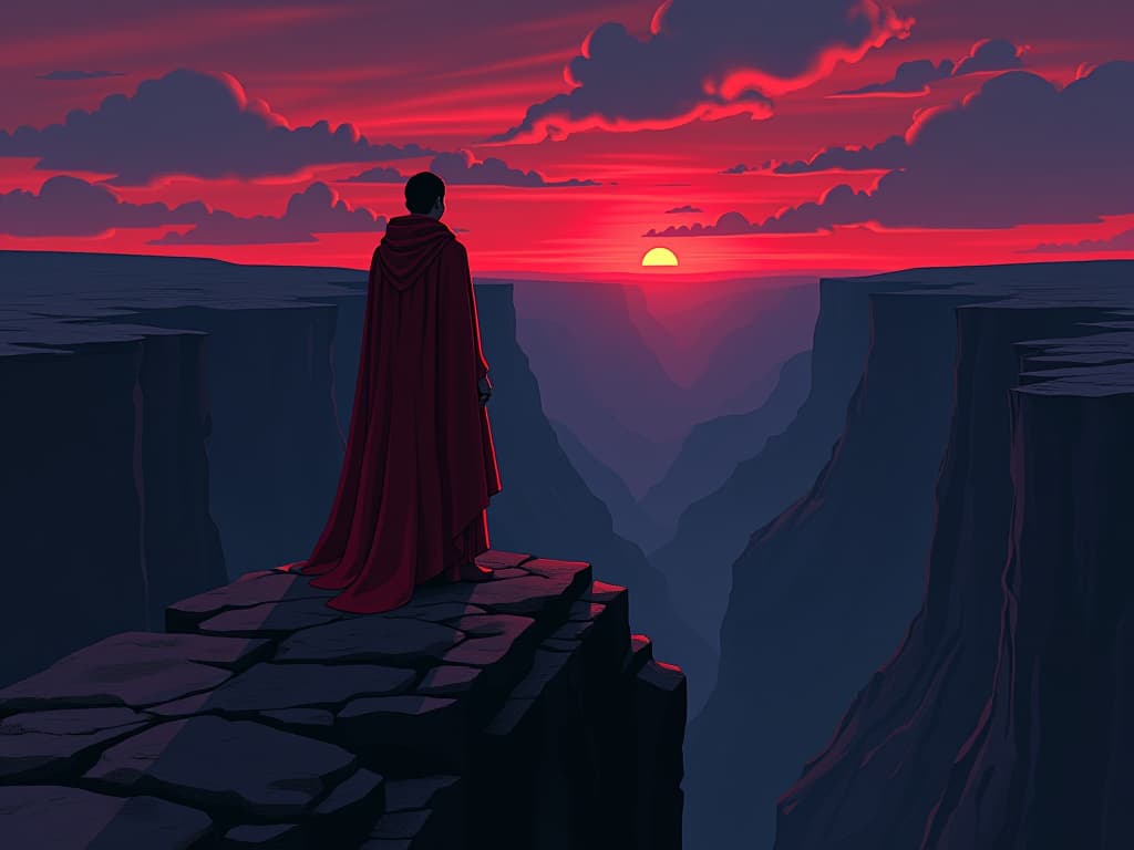  person in red garments, standing at the edge of a vast canyon, looking across, sense of determination and potential, twilight sky. the style is digital art illustration / modern comic book / graphic dark novel fantasy and mysterious occult, symbolic, moody lighting, esoteric vibe,high detail on character design. for the color scheme emphasize blacks and reds.