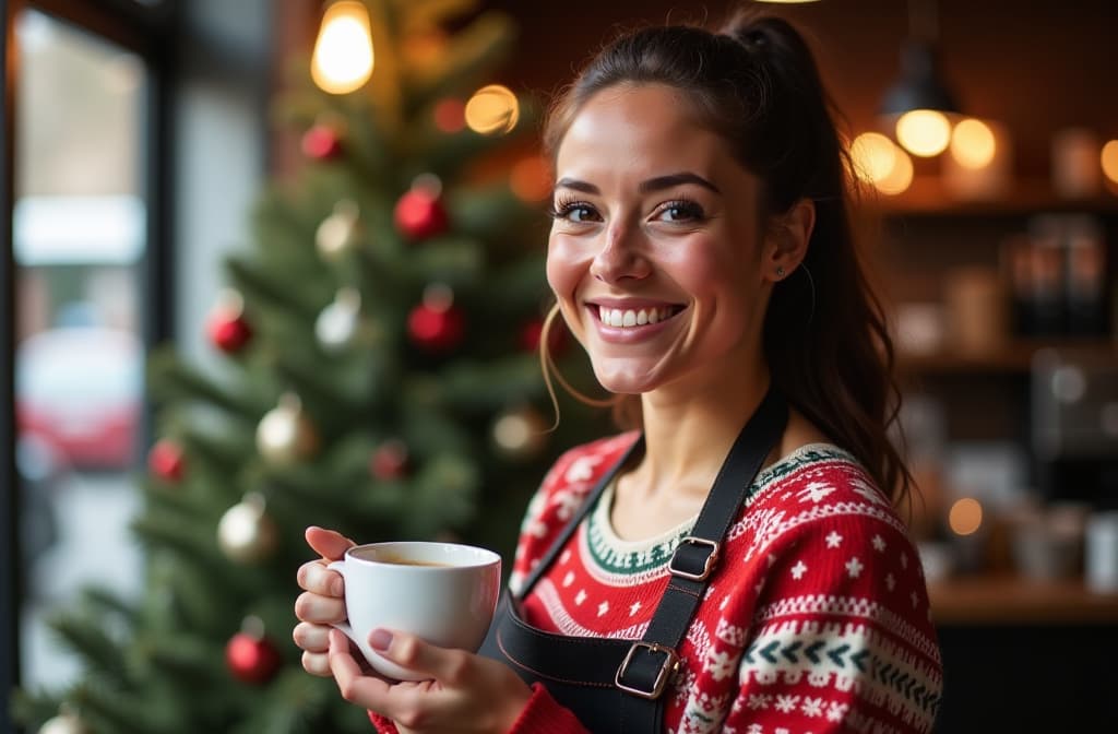  barista in christmas clothes holding prepared coffee and smiling , (natural skin texture), highly detailed face, depth of field, hyperrealism, soft light, muted colors