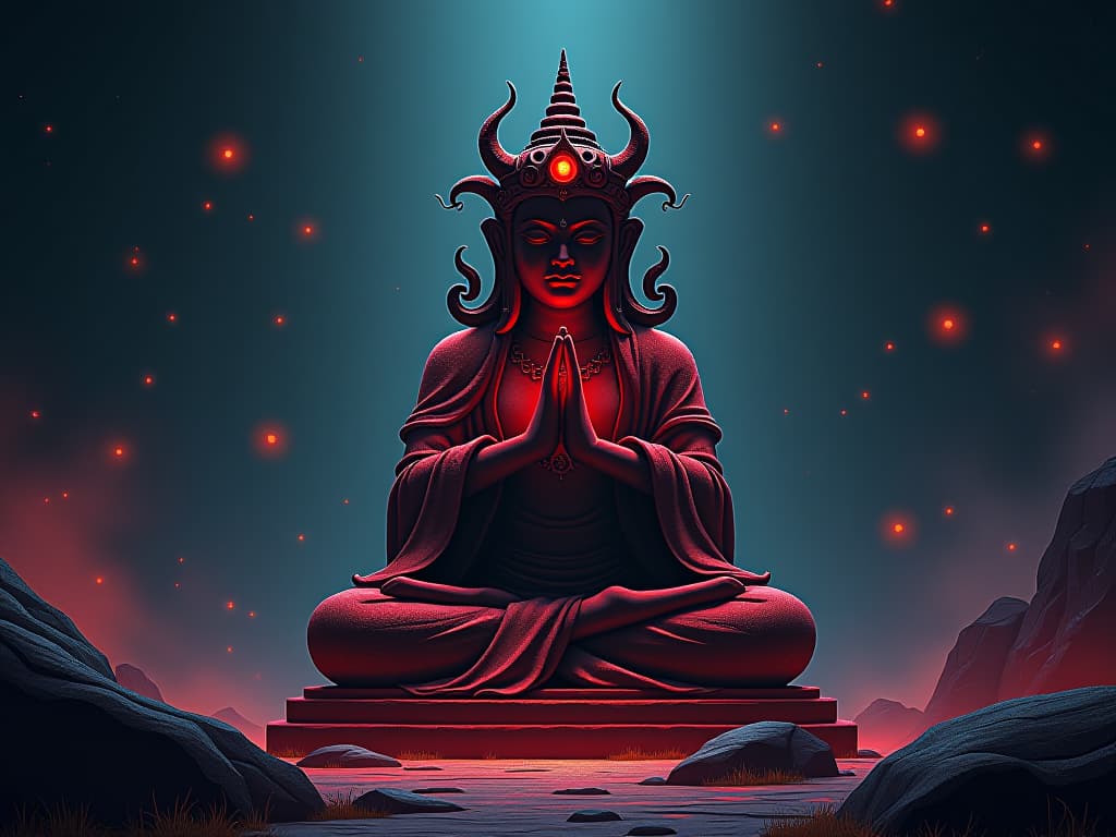  ancient deity statue in red sandstone, surrounded by glowing fireflies, tranquil night, aura of peace. the style is digital art illustration / modern comic book / graphic dark novel fantasy and mysterious occult, symbolic, moody lighting, esoteric vibe,high detail on character design. for the color scheme emphasize blacks and reds.