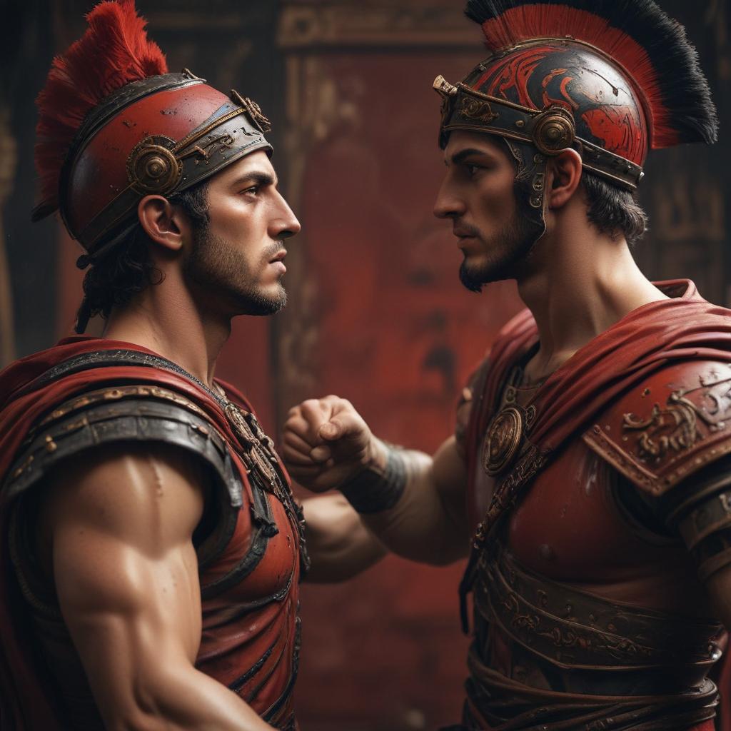 An awe inspiring depiction of the clash between Achilles and Hector, emphasizing the sheer magnitude of their confrontation. Highlight the intensity of their gazes, the gleam of their weapons, and the raw power emanating from their stances. The atmosphere crackles with energy and anticipation, setting the stage for a legendary showdown."in the style of classical Greek pottery art, with intricate black figures on a red background, depicting mythological scenes with a focus on gods and heroes, using a limited color palette of red, black, and white"This image is a breathtaking painting that captures the magical scene with vivid detail. The overall composition is spellbinding, showcasing a perfect harmony. photorealism fantasy, unreal engine 5, hyperrealistic, full body, detailed clothing, highly detailed, cinematic lighting, stunningly beautiful, intricate, sharp focus, f/1. 8, 85mm, (centered image composition), (professionally color graded), ((bright soft diffused light)), volumetric fog, trending on instagram, trending on tumblr, HDR 4K, 8K