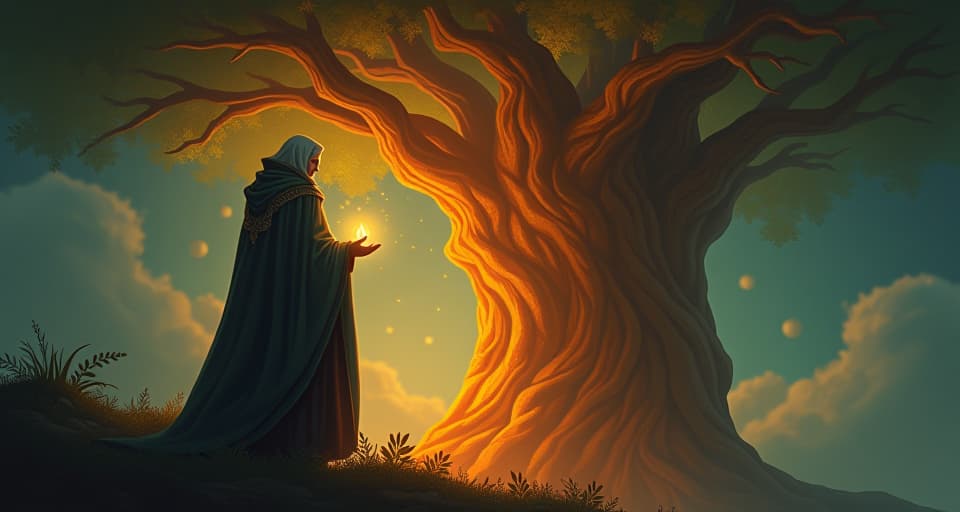  a once proud mentor, ethereal and wise, standing in the shadow of a tall, glowing tree. his robes are faded, the intricate patterns indicating longstanding achievements now dulled. his eyes reflecting a mix of pride and creeping envy. the atmosphere heavy with reflection.. the style is digital art illustration,highly detailed, whimsical,magical, dreamlike atmosphere, realism and fantasy blend, smooth, glossy textures,luminous quality, wonder and enchantment.