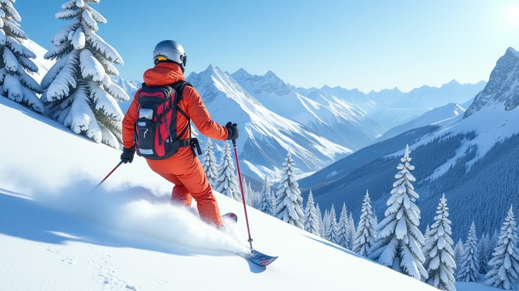  prompt: create a hyper realistic image of a snowy backcountry skiing scene in a vast mountain landscape. show a skier in colorful, high tech gear, equipped with avalanche safety equipment like an avalanche airbag and transceiver. include breathtaking views of untouched nature, with snow covered pine trees and majestic mountains in the background. capture the silence and solitude of the scene, emphasizing the thrill, challenge, and beauty of backcountry skiing. ensure all details are pixel perfec