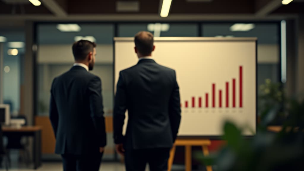  cinematic film still two full length businessmen are standing next to a chart board in the office . shallow depth of field, vignette, highly detailed, high budget, bokeh, cinemascope, moody, epic, gorgeous, film grain, grainy