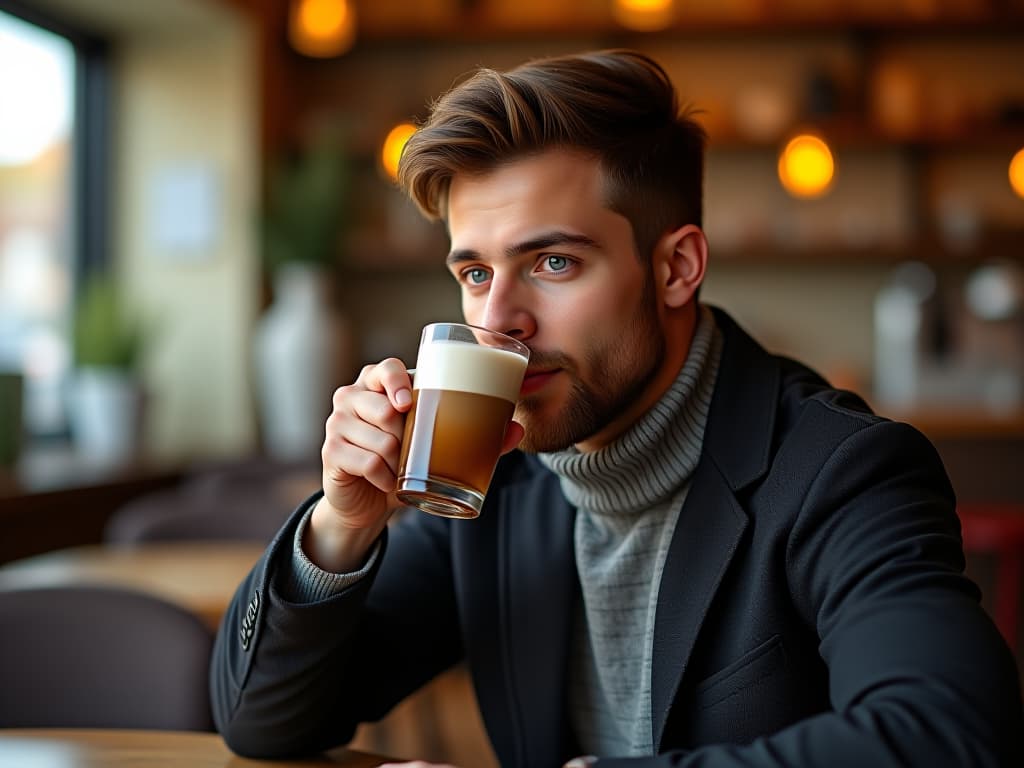  a man drinking mocha at a coffee with the text "my favourite image" on the image, masterpiece, best quality