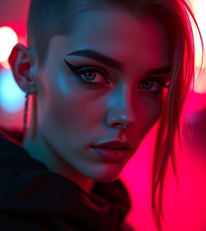  ultra realistic close up portrait ((beautiful pale cyberpunk female with heavy black eyeliner)), blue eyes, shaved side haircut, hyper detail, cinematic lighting, magic neon, dark red city, canon eos r3, nikon, f/1.4, iso 200, 1/160s, 8k, raw, unedited, symmetrical balance, in frame, 8k hyperrealistic, full body, detailed clothing, highly detailed, cinematic lighting, stunningly beautiful, intricate, sharp focus, f/1. 8, 85mm, (centered image composition), (professionally color graded), ((bright soft diffused light)), volumetric fog, trending on instagram, trending on tumblr, HDR 4K, 8K