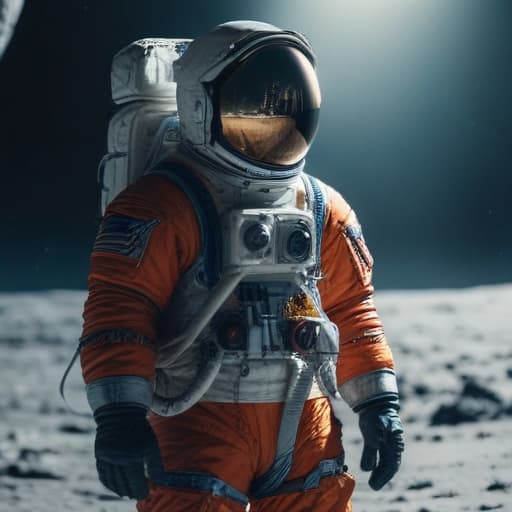 man on the moon hyperrealistic, full body, detailed clothing, highly detailed, cinematic lighting, stunningly beautiful, intricate, sharp focus, f/1. 8, 85mm, (centered image composition), (professionally color graded), ((bright soft diffused light)), volumetric fog, trending on instagram, trending on tumblr, HDR 4K, 8K