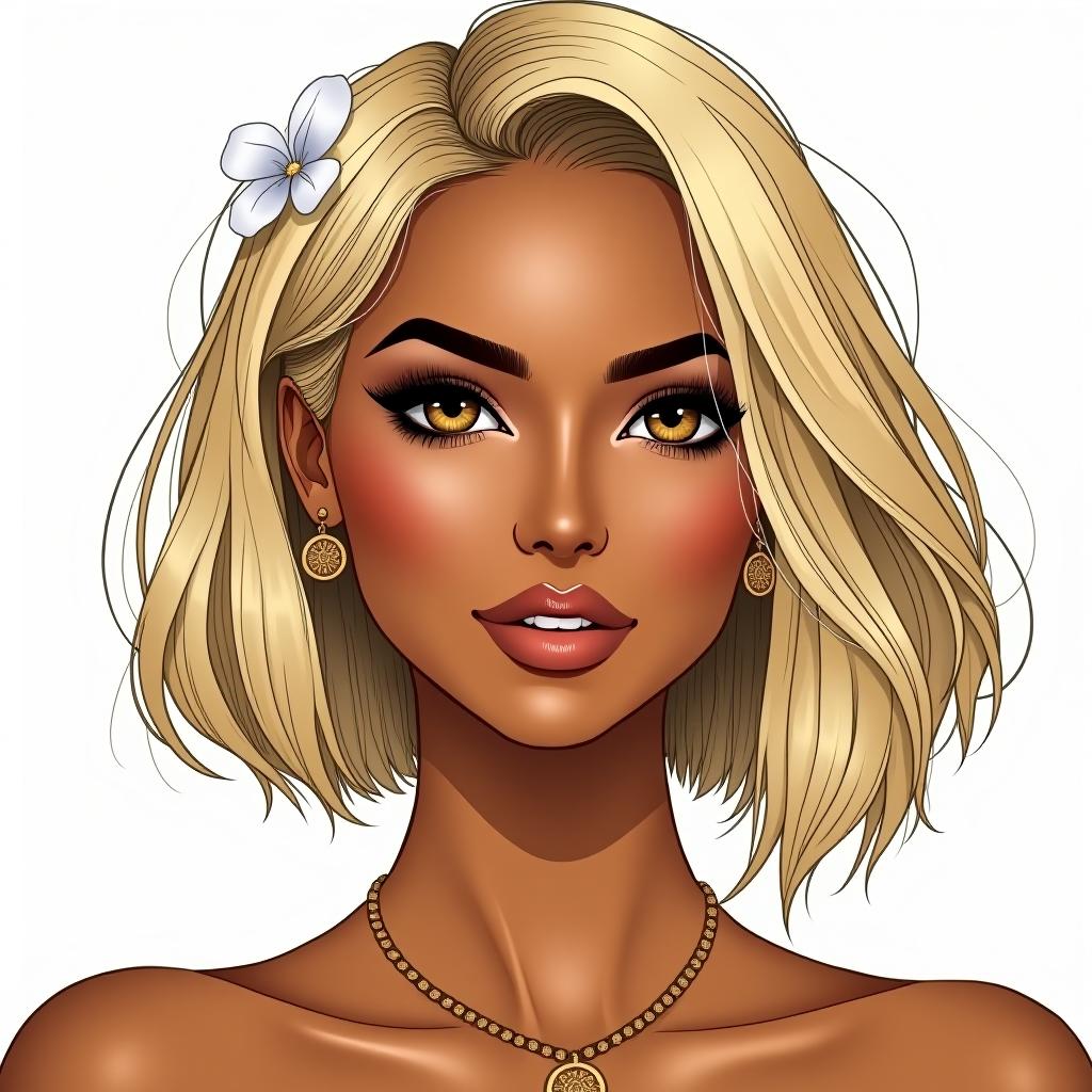  draw a woman with a blonde bob and tan olive skin and brown eyes with minimal gold jewelry and a white head covering