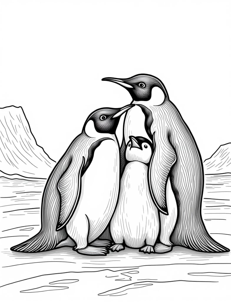  this is for an adult coloring page. a detailed black and white line art of a snowy family of penguins huddled together on an icy surface on a solid white background.