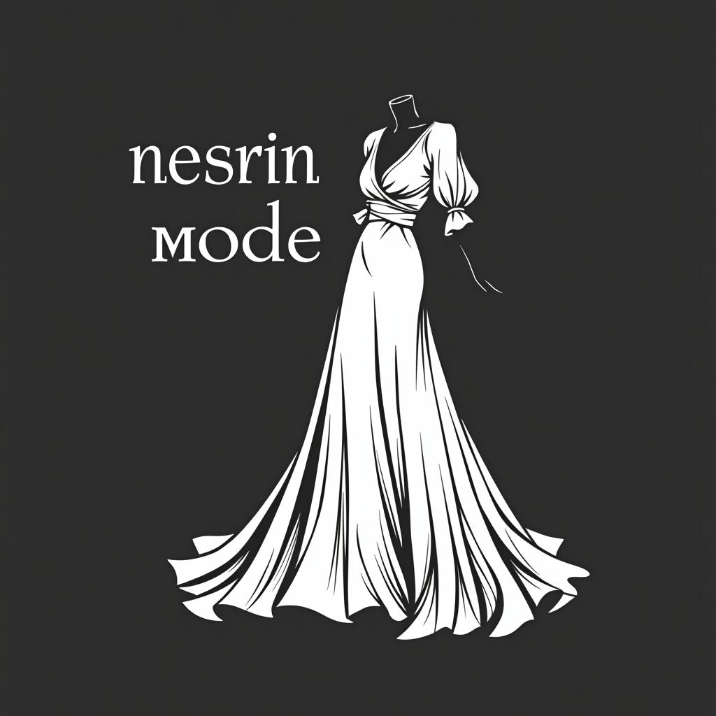  design a logo, in a threedrender style. nesrin mode hintergrund schwarz schrift weiß neben ein gezeichnetes langes kleid , with the text 'nesrin mode '.