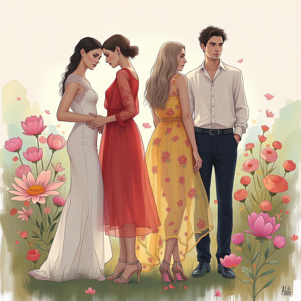  fashion illustrations, women wearing dresses, inspired by flowers in different positions as on a photo set, accompanied by men dressed with transparent and soft shirts, skinny pants,, award winning, professional, highly detailed, masterpiece