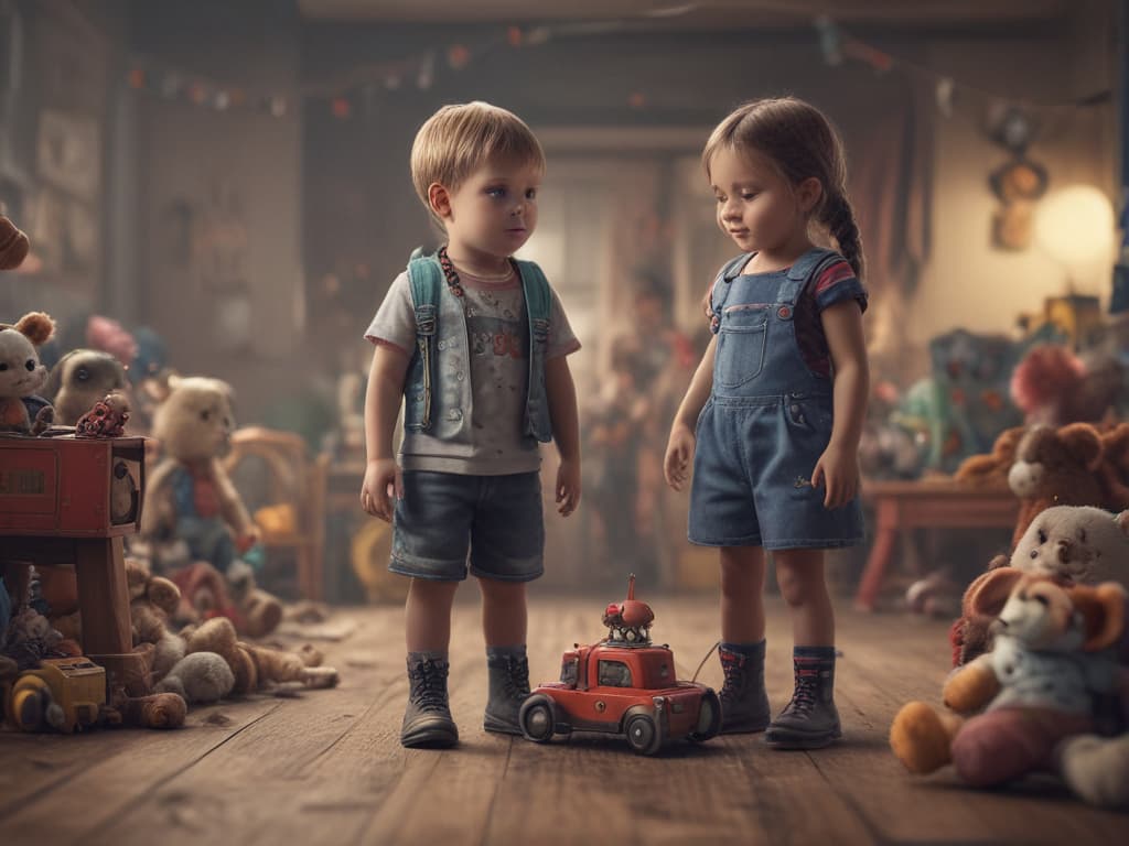 ultra realistic ((ultra realistic ((children happily sharing toys and playing together)))) hyperrealistic, full body, detailed clothing, highly detailed, cinematic lighting, stunningly beautiful, intricate, sharp focus, f/1. 8, 85mm, (centered image composition), (professionally color graded), ((bright soft diffused light)), volumetric fog, trending on instagram, trending on tumblr, HDR 4K, 8K