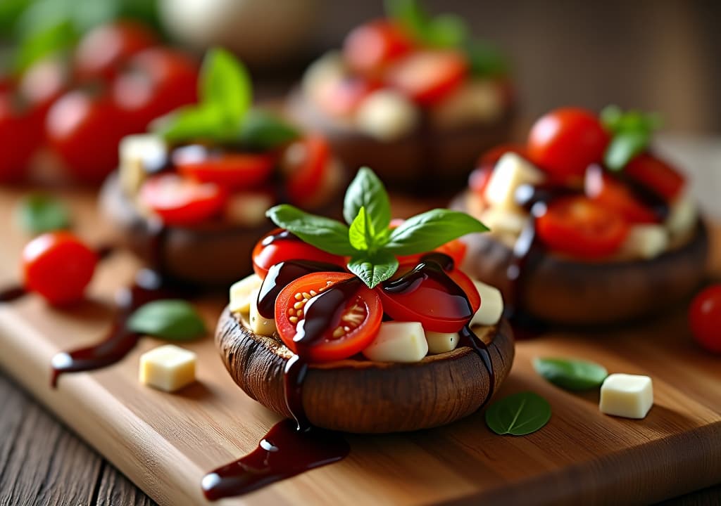  envision a mouthwatering image of caprese stuffed portobello mushrooms arranged on a rustic wooden board. the large, meaty mushroom caps are filled with melted mozzarella, vibrant cherry tomatoes, and fresh basil leaves. a glossy balsamic reduction is artfully drizzled over the top, creating an appetizing contrast. the dish is garnished with a few whole basil leaves and surrounded by scattered cherry tomatoes and mozzarella cubes. the scene is set against a backdrop of warm, diffused light, highlighting the textures and colors of the dish., in the style of photographic hyperrealistic, full body, detailed clothing, highly detailed, cinematic lighting, stunningly beautiful, intricate, sharp focus, f/1. 8, 85mm, (centered image composition), (professionally color graded), ((bright soft diffused light)), volumetric fog, trending on instagram, trending on tumblr, HDR 4K, 8K