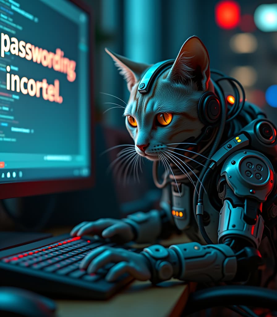  biomechanical cyberpunk a cyborg cat with numerous technical devices is typing on a computer keyboard, on a monitor screen the text in large bold "password is incorrect", high detail, high resolution, detailed skin, detailed eyes, detailed wires and leds, detailed background, cinematic, depth of field, hyper realism, many small details, perfect composition and foreshortening. . cybernetics, human machine fusion, dystopian, organic meets artificial, dark, intricate, highly detailed hyperrealistic, full body, detailed clothing, highly detailed, cinematic lighting, stunningly beautiful, intricate, sharp focus, f/1. 8, 85mm, (centered image composition), (professionally color graded), ((bright soft diffused light)), volumetric fog, trending on instagram, trending on tumblr, HDR 4K, 8K