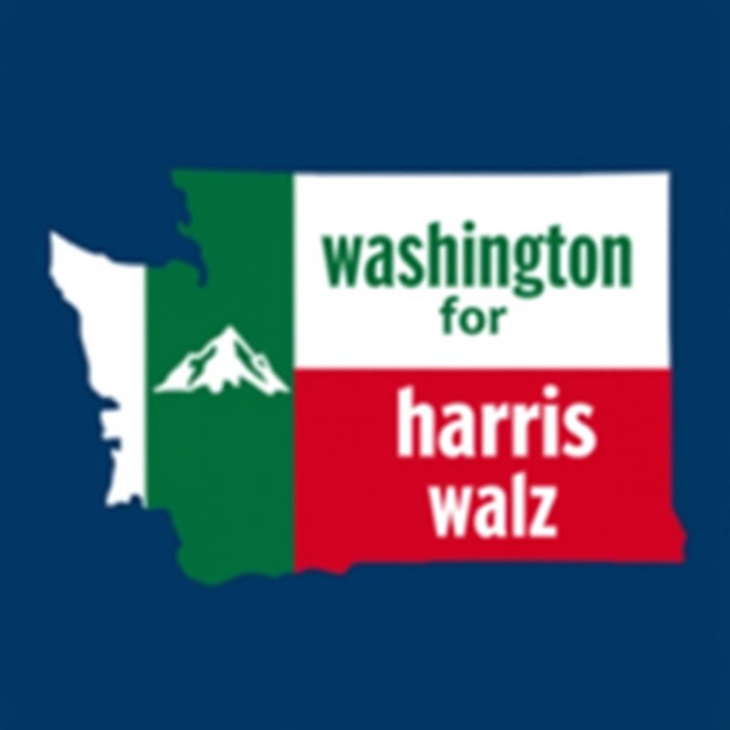  a design inspired by the washington state flag. the left side features a green vertical stripe with mt. rainer in the center. the right side is divided into two horizontal sections: the top section is white with the text 'washington for' in bold, green, uppercase letters, and the bottom section is red with the text 'harris walz' in bold, white, uppercase letters. the overall layout is clean and straightforward, with a clear and patriotic color scheme of blue, white, and red.