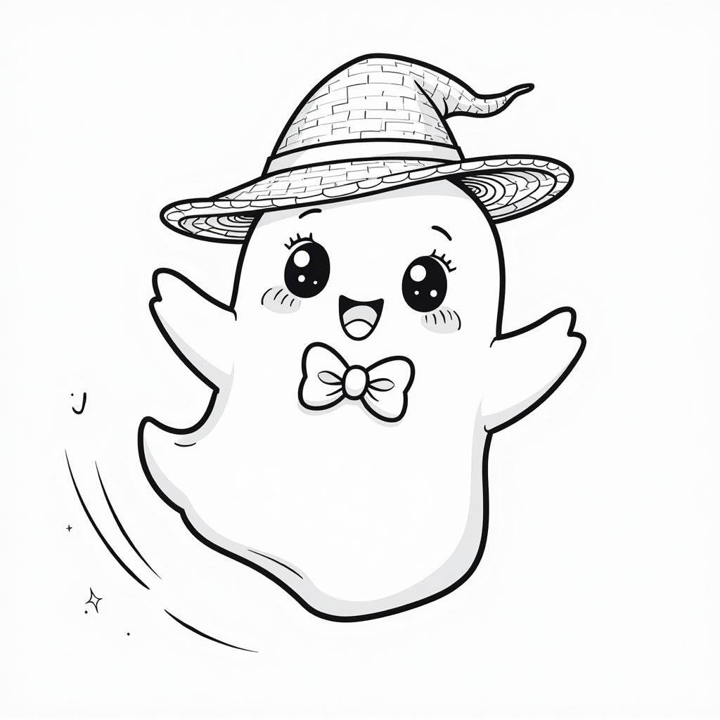  line art style coloring page kawaii ghost flying gracefully with a straw hat and a bowtie, high quality, high details, hd, perfect composition, 4k epic detailed, highly detailed, sharp focus, high resolution