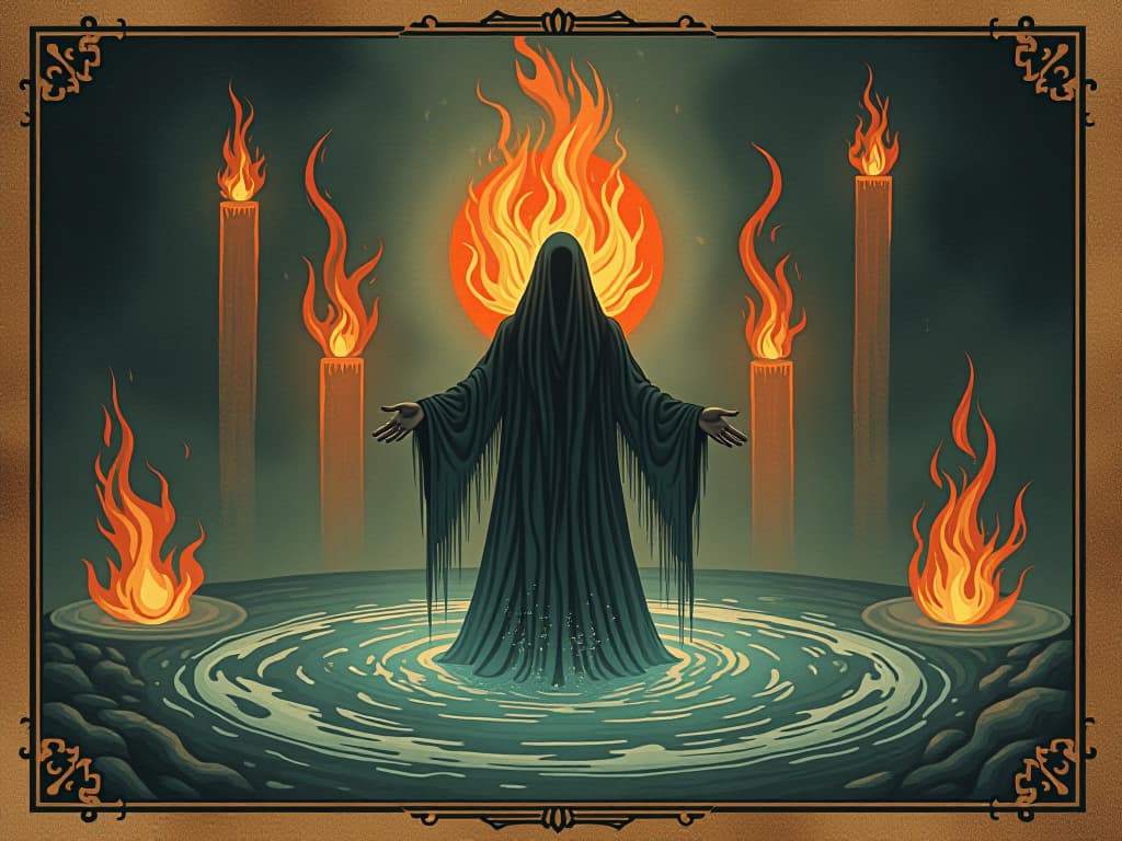  purification process, soul surrounded by cleansing flames or water, serene and intense, spiritual rebirth. an illustration in the style of a worn, mystical old tarot trump card, mysterious and elements of surrealism. the colors are muted, somber and eerie, but with contrast bring out an occult and esoteric vibe.