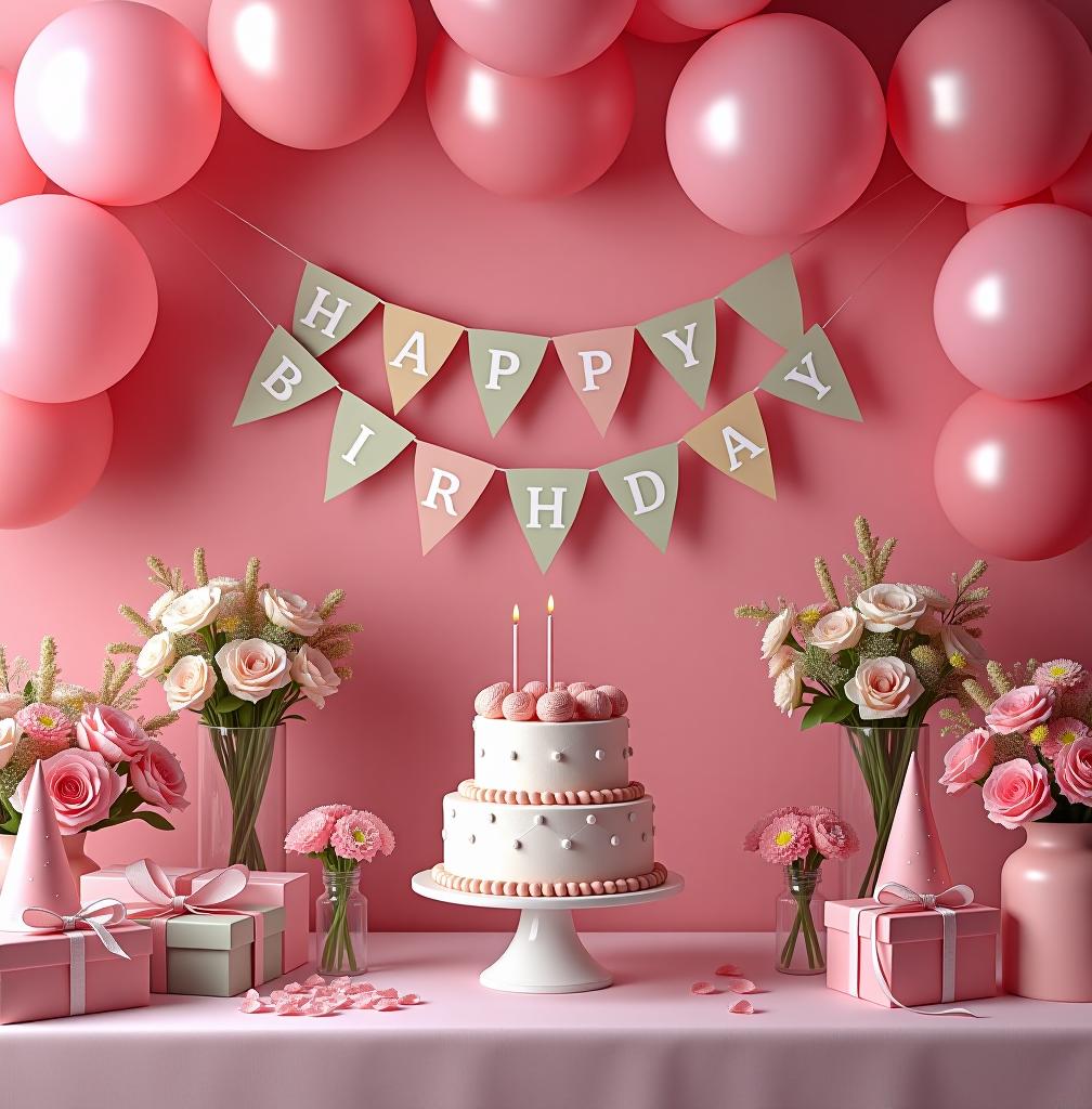  birthday photo scene, without people, rich details, visually appealing, main color tone is pink, colorful decorations, balloons, cake, presents, vibrant atmosphere, festive mood, floral arrangements, party hats, table setting, bunting banners, soft pastel colors, elegant backdrop, stylish props. highly detailed photo, sharp details, best quality, 4k, raw photo photo realistic, highly intricate and detailed, masterpiece, ultra high res,photography,8k resolution