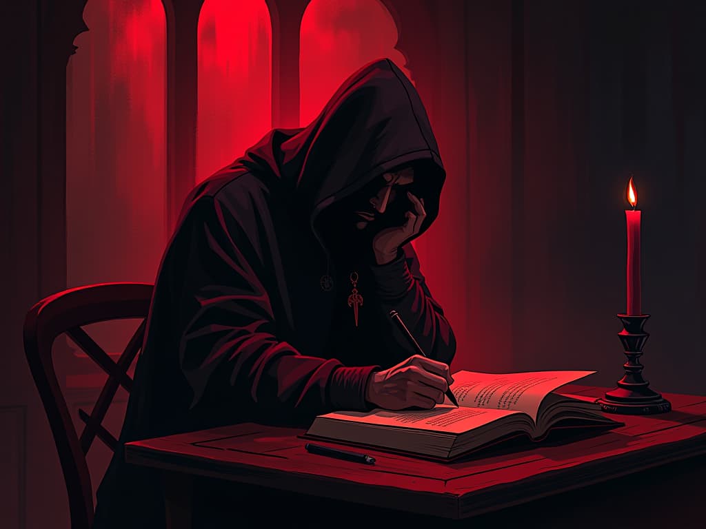  figure in red, writing in journal, dim light, air of contemplation and resolve. the style is digital art illustration / modern comic book / graphic dark novel fantasy and mysterious occult, symbolic, moody lighting, esoteric vibe,high detail on character design. for the color scheme emphasize blacks and reds.