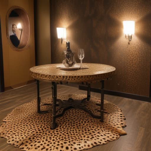 inside the room there is a table made of cheetah skin