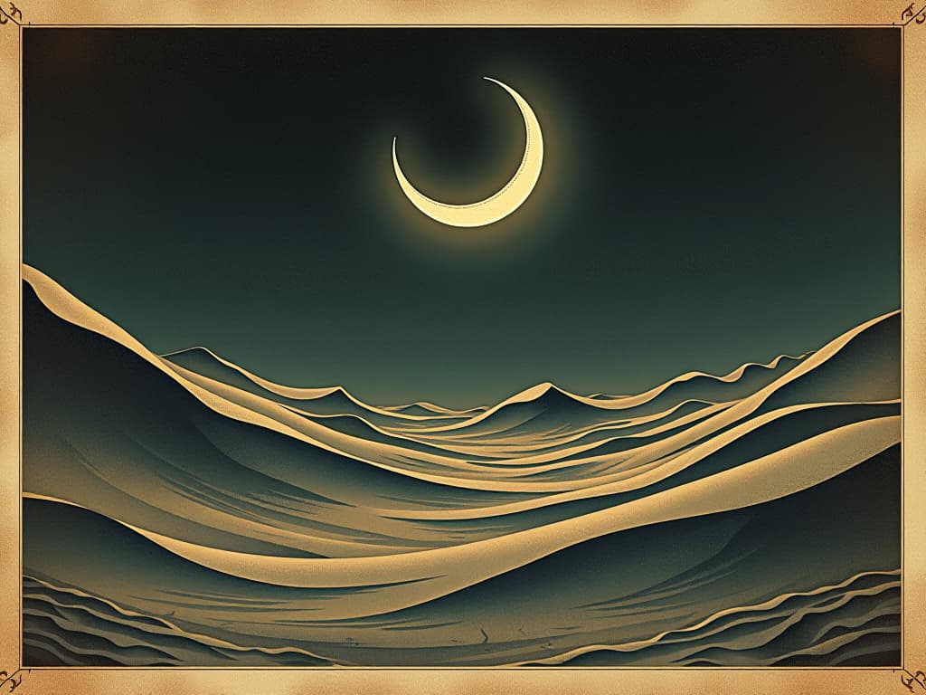  a barren landscape under a crescent moon, undulating dunes, eerie shadows. an illustration in the style of a worn, mystical old tarot trump card, mysterious and elements of surrealism. the colors are muted, somber and eerie, but with contrast bring out an occult and esoteric vibe.