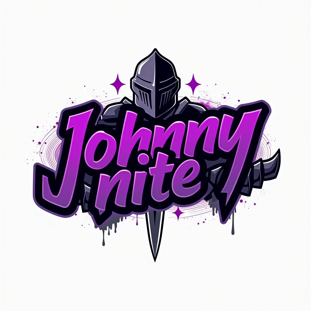  design a logo, in a minimalism style. knight graffiti purple and black, with the text 'johnny nite'.