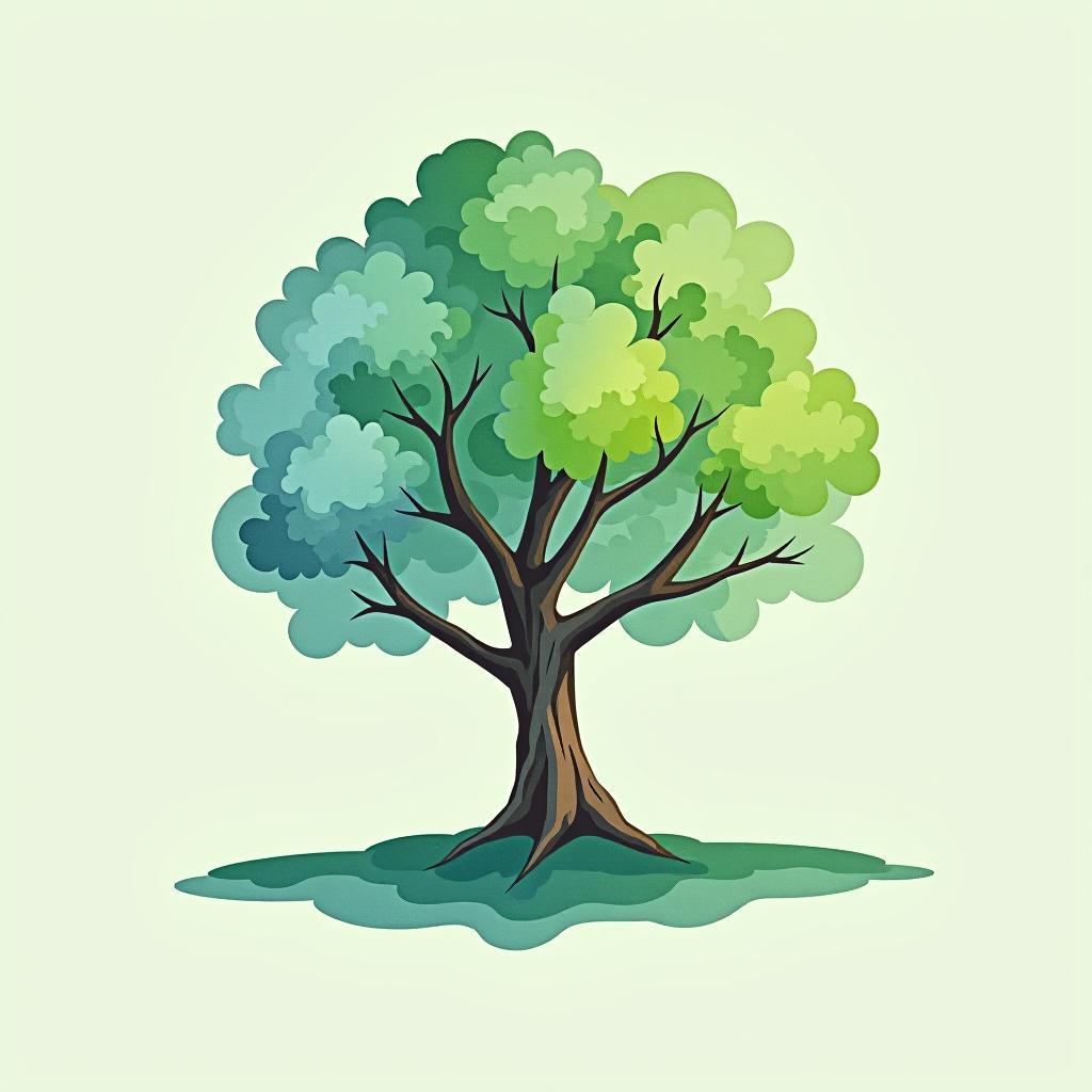  logo, watercolor style, logo of a tree, green and blue