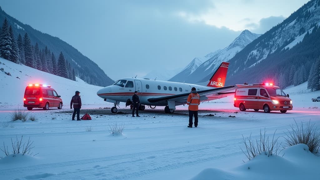  create a hyper realistic image capturing the aftermath of a plane crash in an austrian ski resort. the scene should feature a small plane wreckage surrounded by rescue teams conducting on site investigations. include detailed elements such as experts carefully examining the debris for evidence, emergency vehicles with flashing lights, and snowy mountainous terrain in the background. show the somber atmosphere with grieving relatives and friends in the foreground, while also incorporating logos o