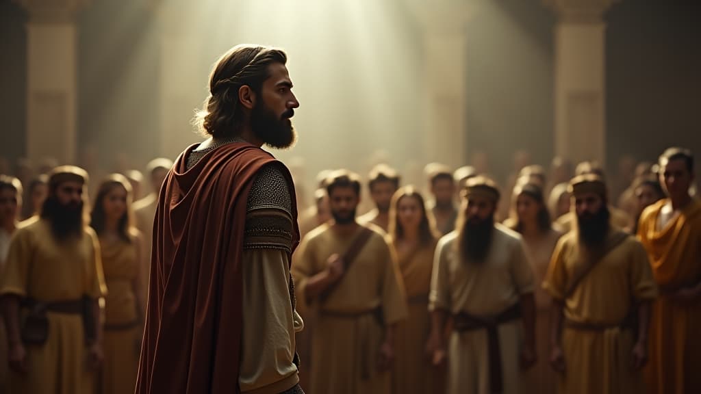  history of biblical times, gideon standing in defiance against the angry crowd, supported by his father, arguing about faith. hyperrealistic, full body, detailed clothing, highly detailed, cinematic lighting, stunningly beautiful, intricate, sharp focus, f/1. 8, 85mm, (centered image composition), (professionally color graded), ((bright soft diffused light)), volumetric fog, trending on instagram, trending on tumblr, HDR 4K, 8K