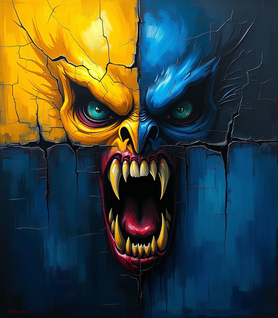  (palette knife oil painting:1.3), a canvas split horizontally, the top half glowing (vibrant yellow:1.2) and the bottom half a deep (mysterious blue:1.2), featuring (rough cracked texture:1.3) that enhances the eerie atmosphere. close up of (demonic features:1.3) emerging from the textured surface, including a (gaping mouth:1.1) filled with (venomous fangs:1.2). these (demonic elements:1.2) seamlessly blend with the top half's yellow and the bottom half's blue textures, creating a haunting visage. the energetic strokes of the palette knife evoke a (gloomy ambiance:1.3), reminiscent of works by (francisco goya:1.2), (h.r. giger:1.3), and (zdzisław beksiński:1.3) as the dark surrealism captures the viewer's attention, drawing them into a wo