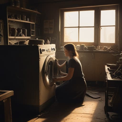 A photo of a skilled technician repairing a vintage washing machine in a cluttered and dimly lit repair shop during the late afternoon light filtering through dusty windows.