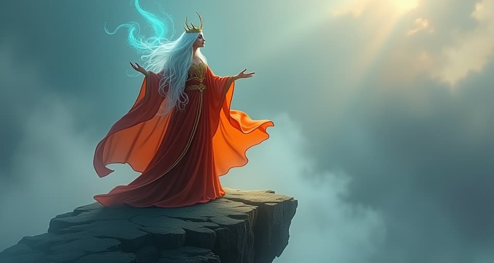  a regal sorceress in brilliant, flowing robes, standing atop a high cliff, exuding authority, surrounded by ethereal mist.. the style is digital art illustration,highly detailed, whimsical,magical, dreamlike atmosphere, realism and fantasy blend, smooth, glossy textures,luminous quality, wonder and enchantment.