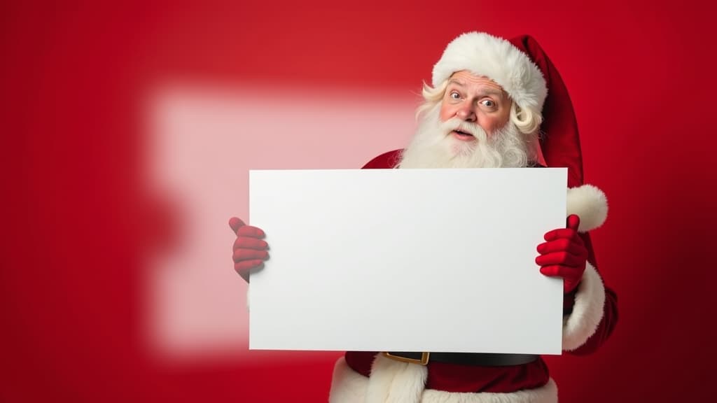  surprised santa claus making a shocked face while holding a blank white sign on a red background. christmas promotions, discounts, sale. copy space. mock up ar 16:9 {prompt}, maximum details