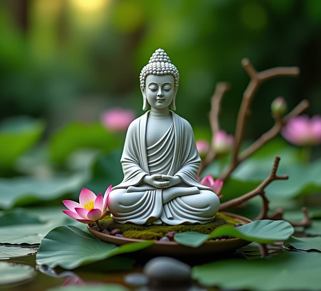  a tranquil scene of a buddha statue decorated with lotus flowers, green leaves and branches reveals the beauty of peace and nature