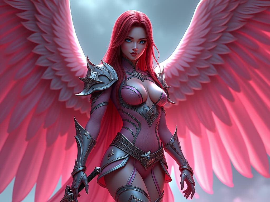  girl, xiana's warrior, stringed body, thin waist, long dark red hair, blue eyes, pink fenthezes, female knights, large wanders, designs, big wings, advanced weaponry fantezium plasma, furist style, athlete hyperrealistic, full body, detailed clothing, highly detailed, cinematic lighting, stunningly beautiful, intricate, sharp focus, f/1. 8, 85mm, (centered image composition), (professionally color graded), ((bright soft diffused light)), volumetric fog, trending on instagram, trending on tumblr, HDR 4K, 8K