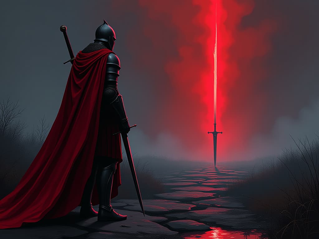  knight in red armor, looking at a broken sword, symbolizing compromised values, desolate battlefield. the style is digital art illustration / modern comic book / graphic dark novel fantasy and mysterious occult, symbolic, moody lighting, esoteric vibe,high detail on character design. for the color scheme emphasize blacks and reds.