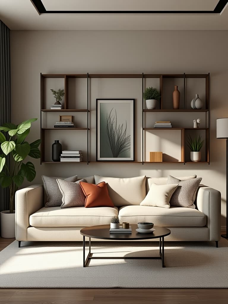  high quality portrait photo of a modern living room featuring a statement wall with geometric shelving, filled with plants and curated objects, against a neutral color palette hyperrealistic, full body, detailed clothing, highly detailed, cinematic lighting, stunningly beautiful, intricate, sharp focus, f/1. 8, 85mm, (centered image composition), (professionally color graded), ((bright soft diffused light)), volumetric fog, trending on instagram, trending on tumblr, HDR 4K, 8K