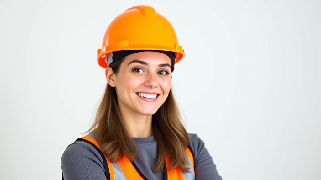  portrait of a female construction worker wearing hard hat, studio shot, white background.