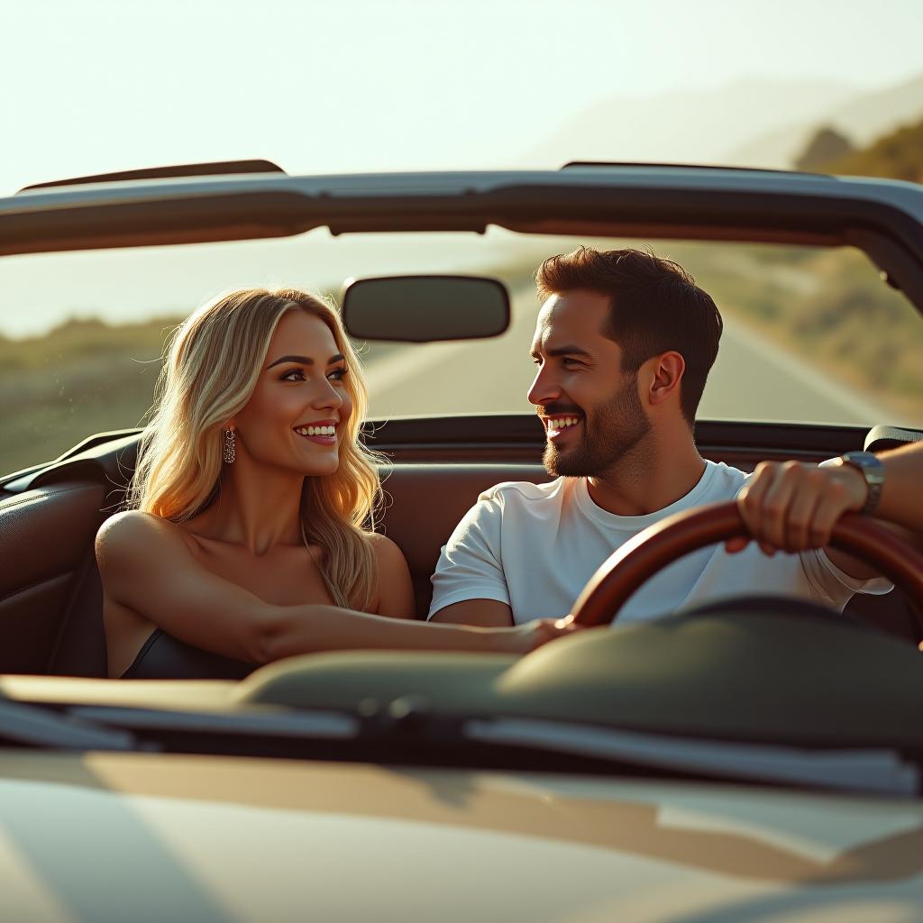  make an image of a blonde woman with tan olive skin and brown eyes in the passenger seat with a man in the drivers seat in a convertible driving along the coast of california